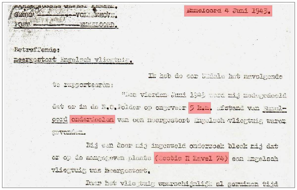 04-jun-1943 - H-74 is 5 km from Emmeloord (Dorp A) - police report Bonvanie