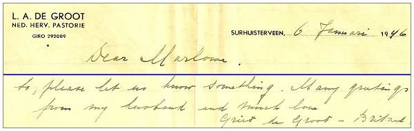 Letter from Rev. de Groot to Marlowe - 06 Jan 1946