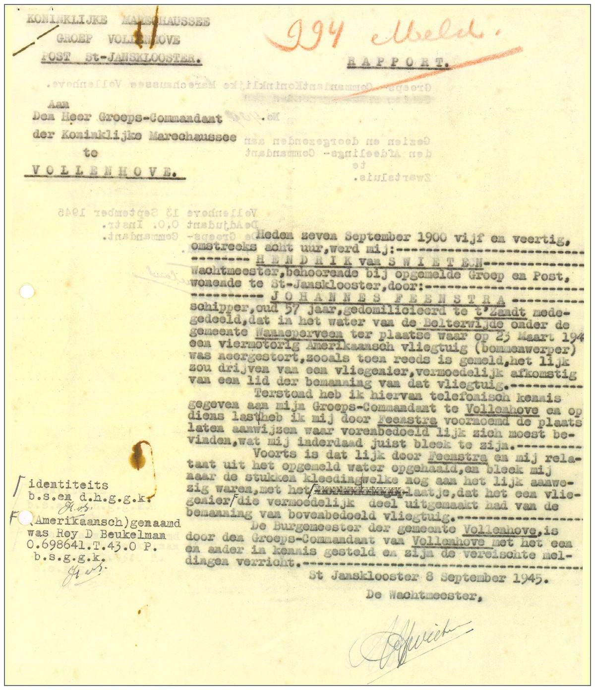 Police report - finding of floating corps 'Beukelman' in lake - 07 Sep 1945
