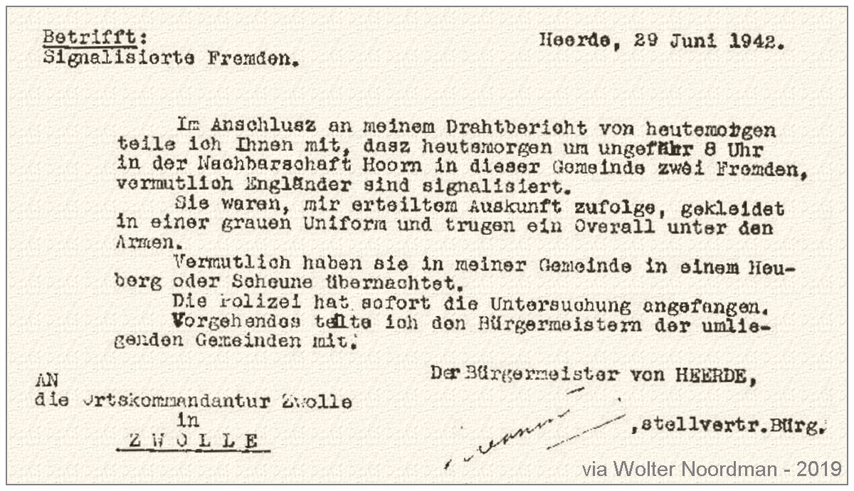 29 Jun 1942 - Police report by the Mayor of Heerde to the Ortscommandantur Zwolle
