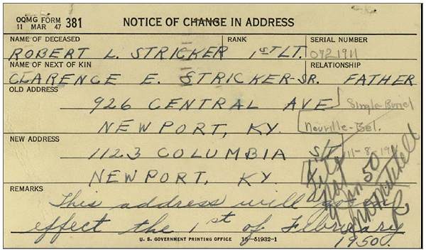 Address change - 01 Feb 1950 - Clarence E. Stricker Sr. (father)