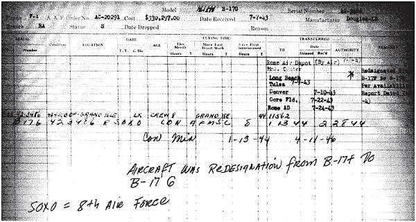 7 Jul 1943 - Aircraft 423486 History Card - redesignation from B-17F to B-17G - 11 Jan 1944