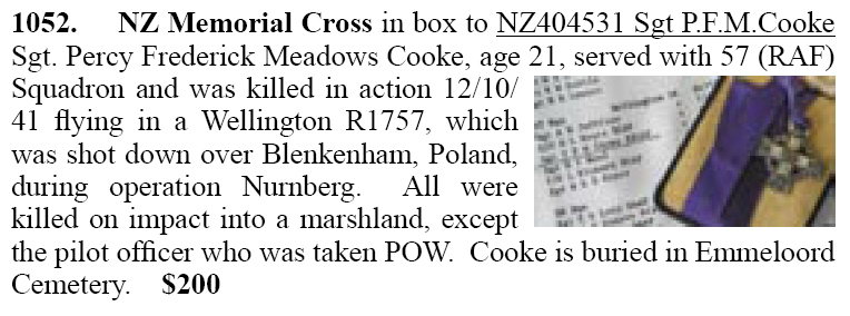 Ad from auction - NZ Memorial Cross - Sgt. Percy Cooke