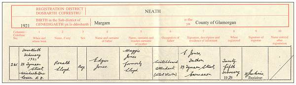 14 Feb 1921 - Ronald Lloyd Jones - copy birth certificate