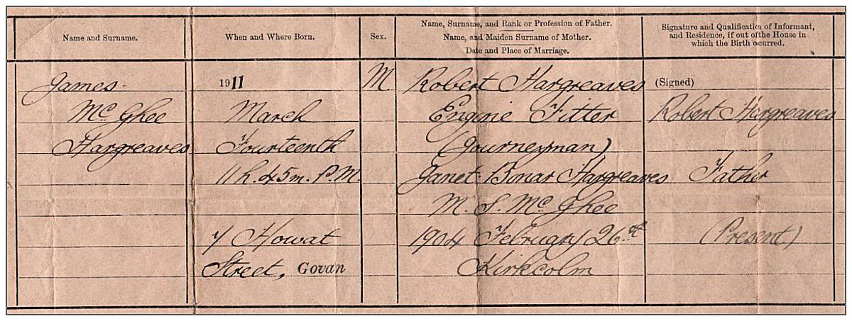 Birth certificate - James McGhee Hargreaves - born 14 Mar 1914, Govan