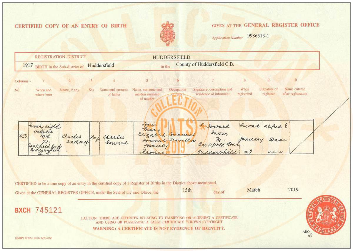Charles Anthony 'Tony' Howard - birth certificate