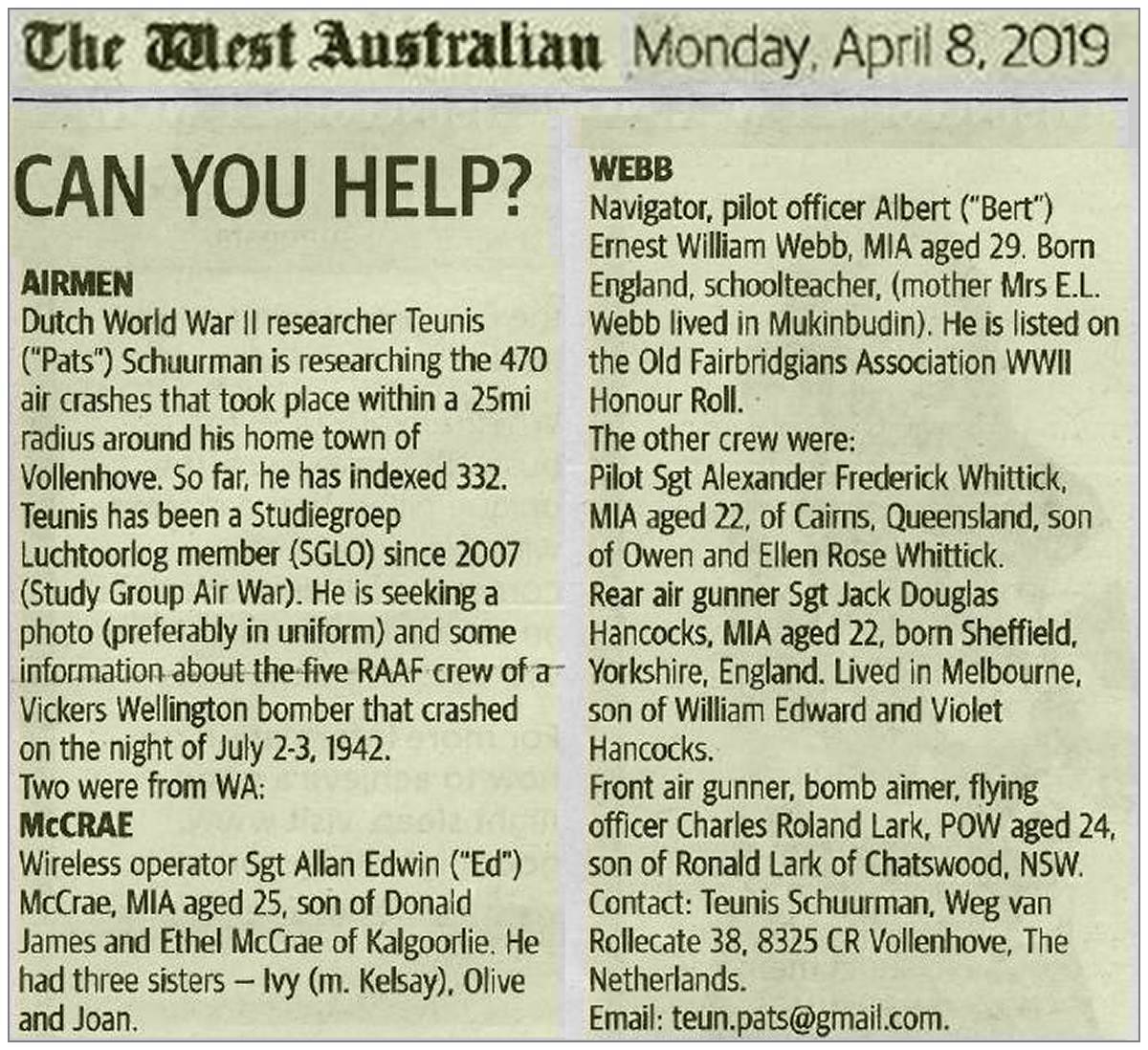 CAN YOU HELP? - The West Australian - Monday, April 8, 2019 - page 63