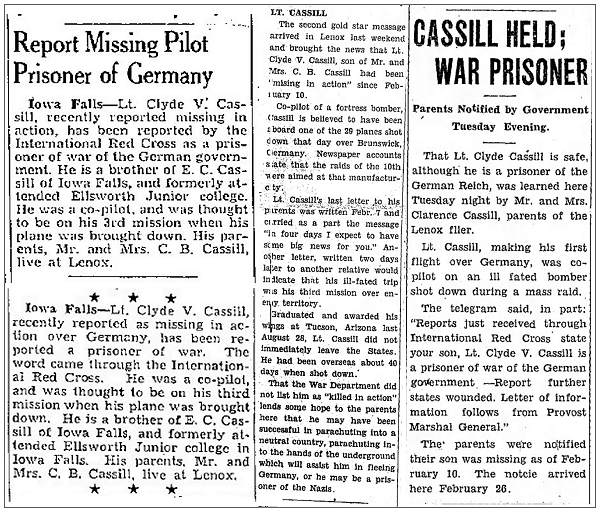 Report Missing Pilot Prisoner of Germany . . . CASSILL HELD; WAR PRISONER