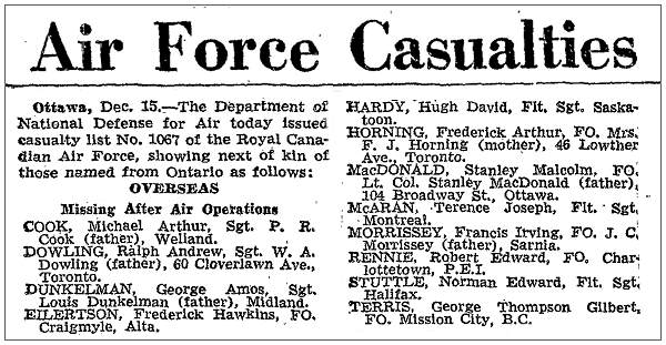 Ottawa, 15 Dec 1944 - RCAF - Casualty list No. 1067 - OVERSEAS - MISSING AFTER AIR OPERATIONS
