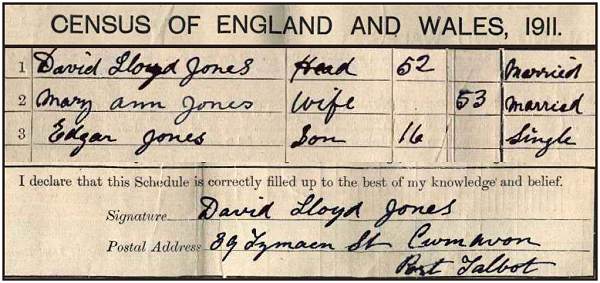 Census of England and Wales, 1911 - Household David Lloyd JONES