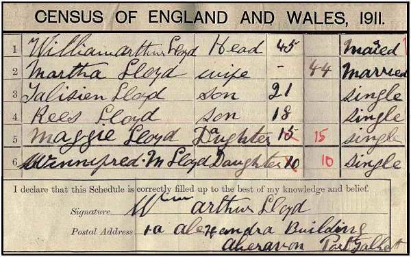 Census of England and Wales, 1911 - Household William Arthur LLOYD