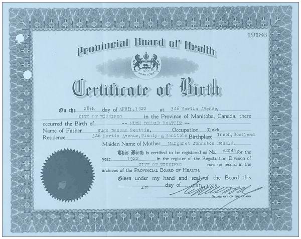 Certificate of Birth - Hugh Donald Beattie