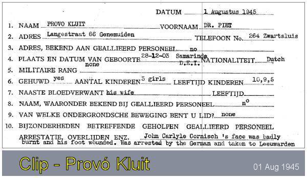 Dr. Piet Provó Kluit - Questionnaire for helpers of Allied Personnel - 01 Aug 1945