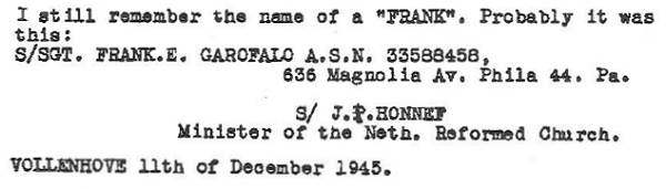 Clip letter Rev J. P. Honnef - Vollenhove, 11 Dec 1945
