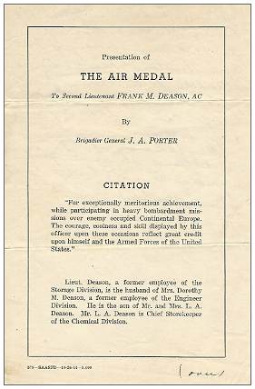 2nd Lt. Frank M. Deason - presentation of THE AIR MEDAL