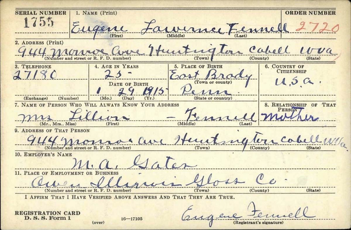 Eugene Lawrence Fennell - WWII Draft card