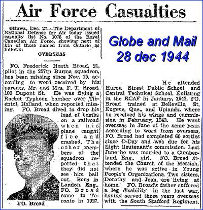 F/O. - Pilot - Frederick Heath Broad - RCAF - Globe and Mail 28 Dec 1944 - 
