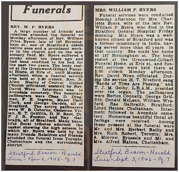 Funerals - Rev. W. P. Byers and Mrs. William P. Byers - clips Stratford Beacon-Herald - 1945 - 1946