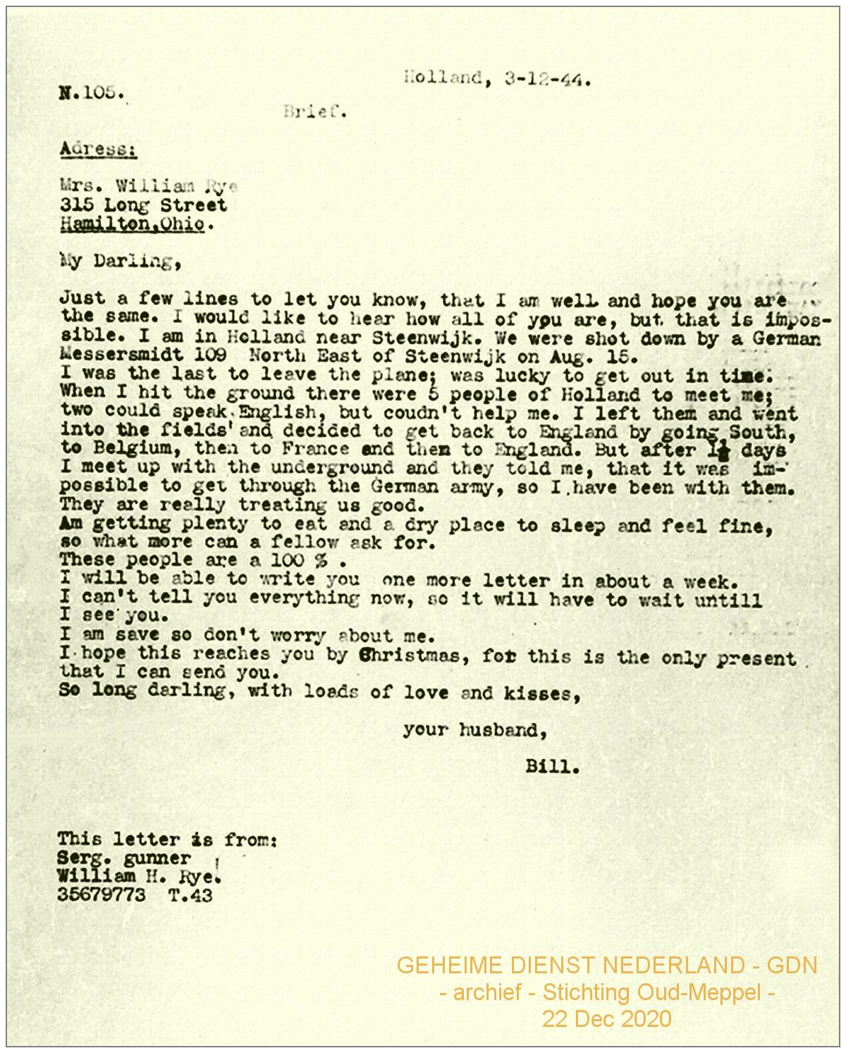 GDN - N.105 - letter 01 - Bill Rye - Holland, 03 Dec 1944