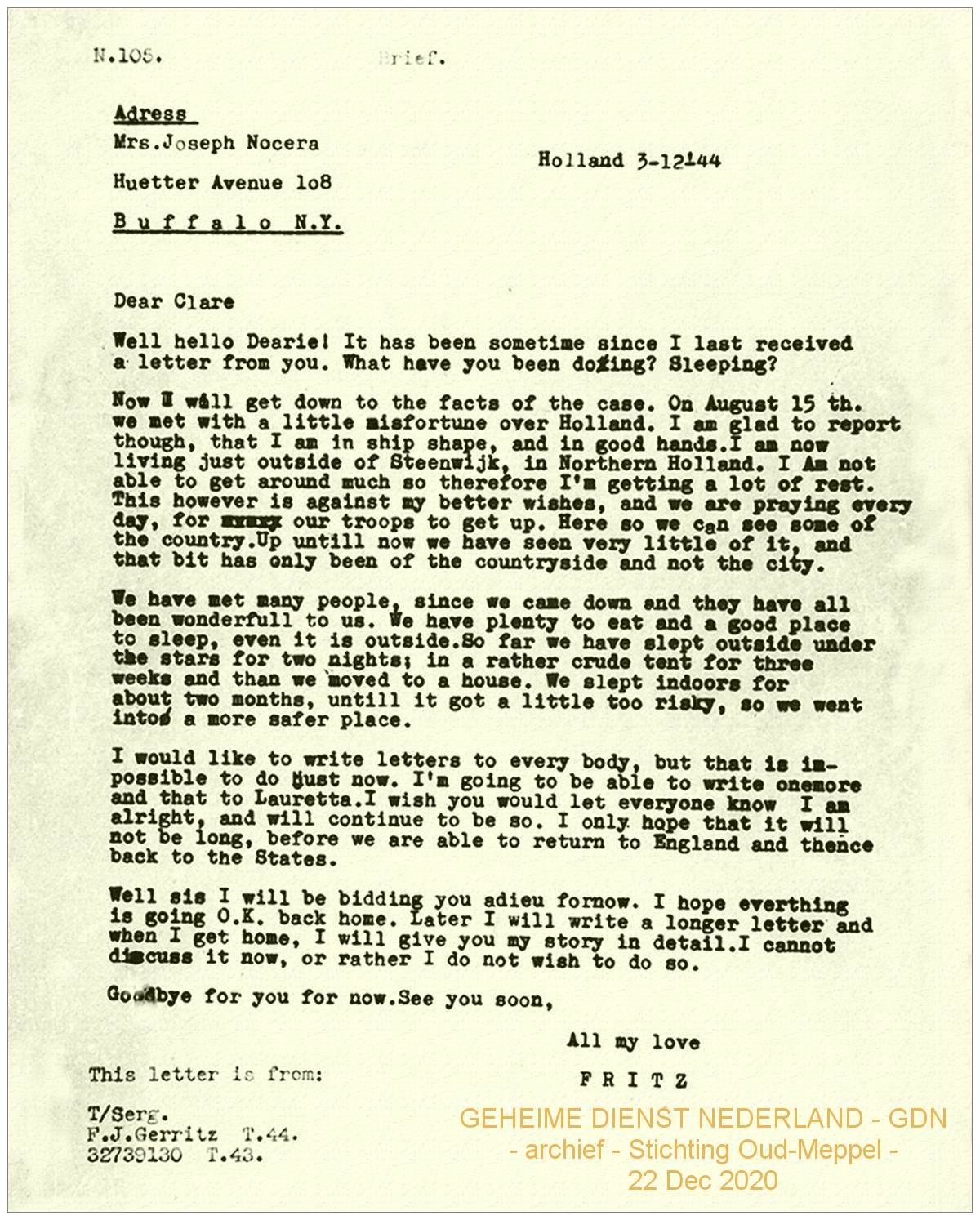 GDN - N.105 - letter 02 - 'Fritz' Fred Gerritz - Holland, 03 Dec 1944