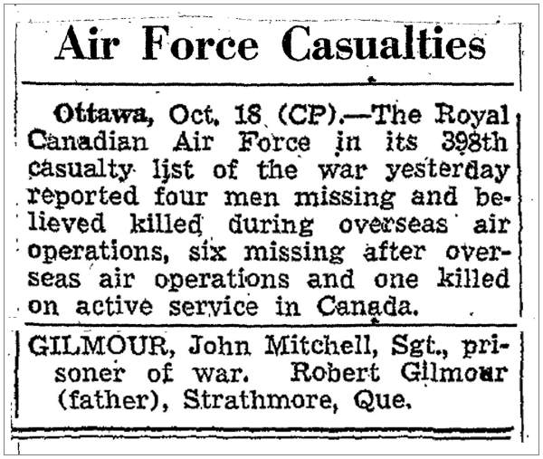 398th RCAF casualty list - Gilmour