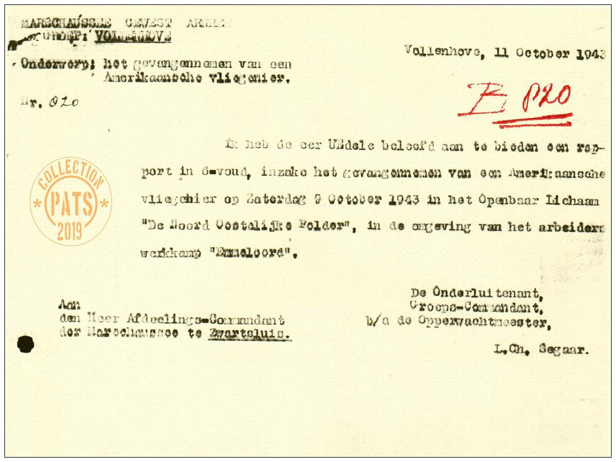 Marechaussee Gewest Arnhem, Groep Vollenhove - report No. 820/43 - 11 Oct 1943