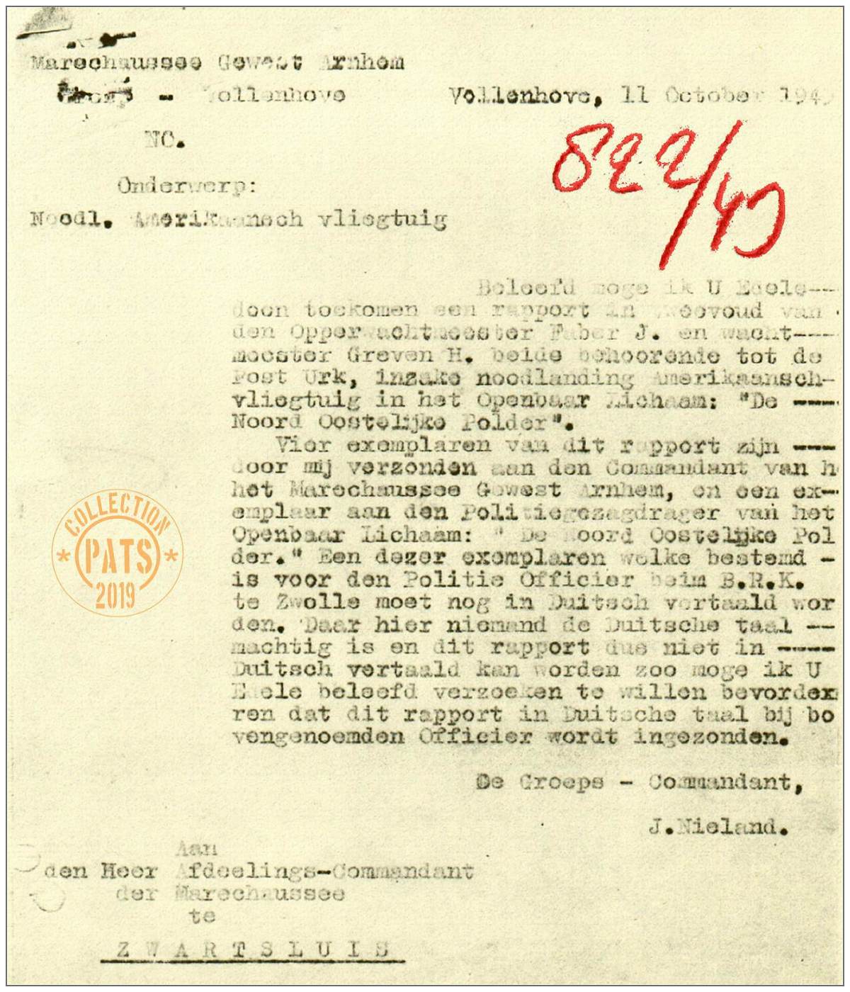 Marechaussee Gewest Arnhem, Groep Vollenhove - report No. 822/43 - 11 Oct 1943