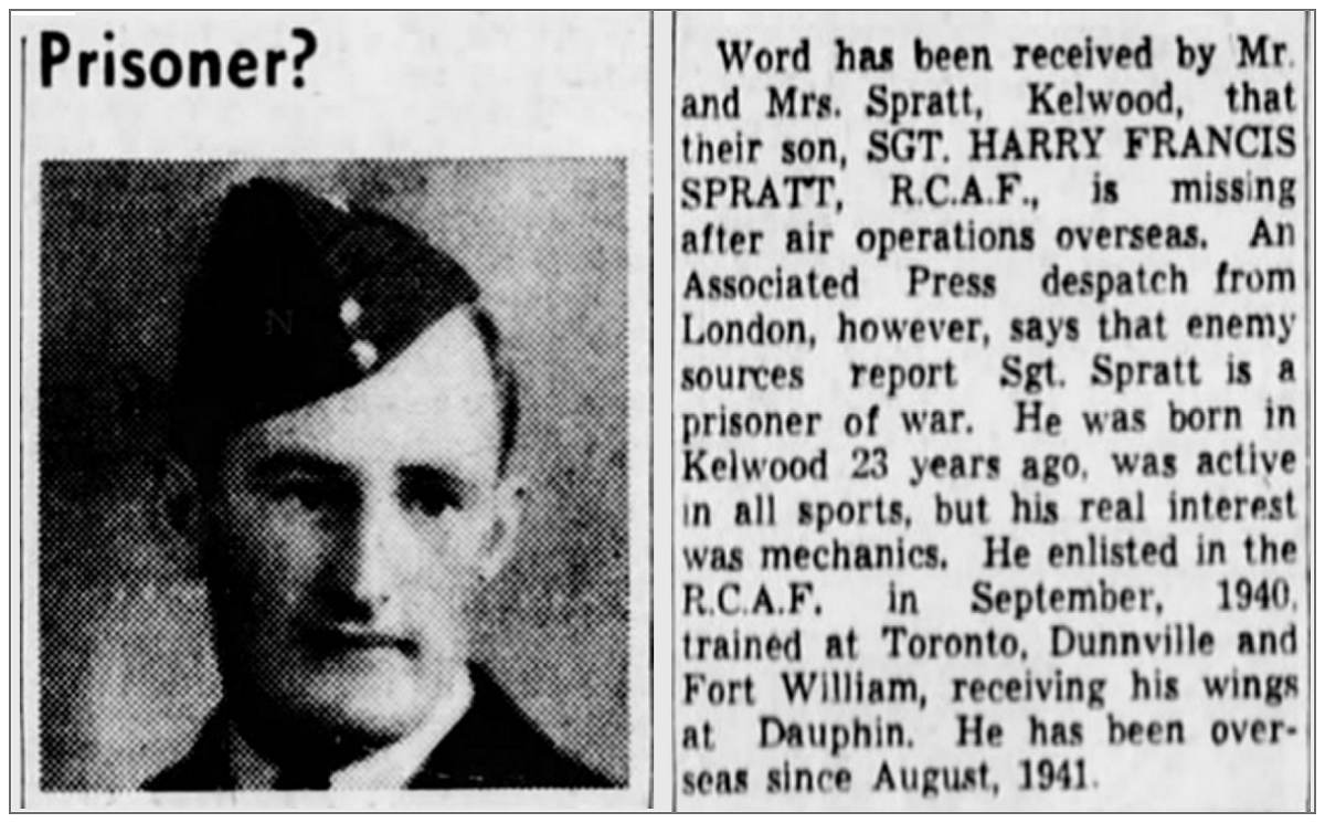 Sgt. Harry Francis Spratt - The Winnipeg Tribune: 10 Jul 1942 (reformat)