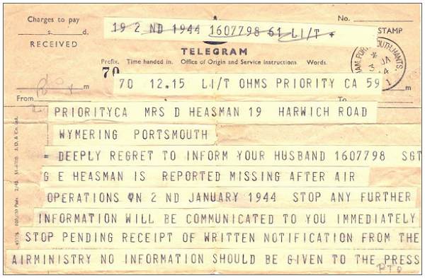 Telegram - Missing - 1607798 F/Sgt. G. E. Heasman