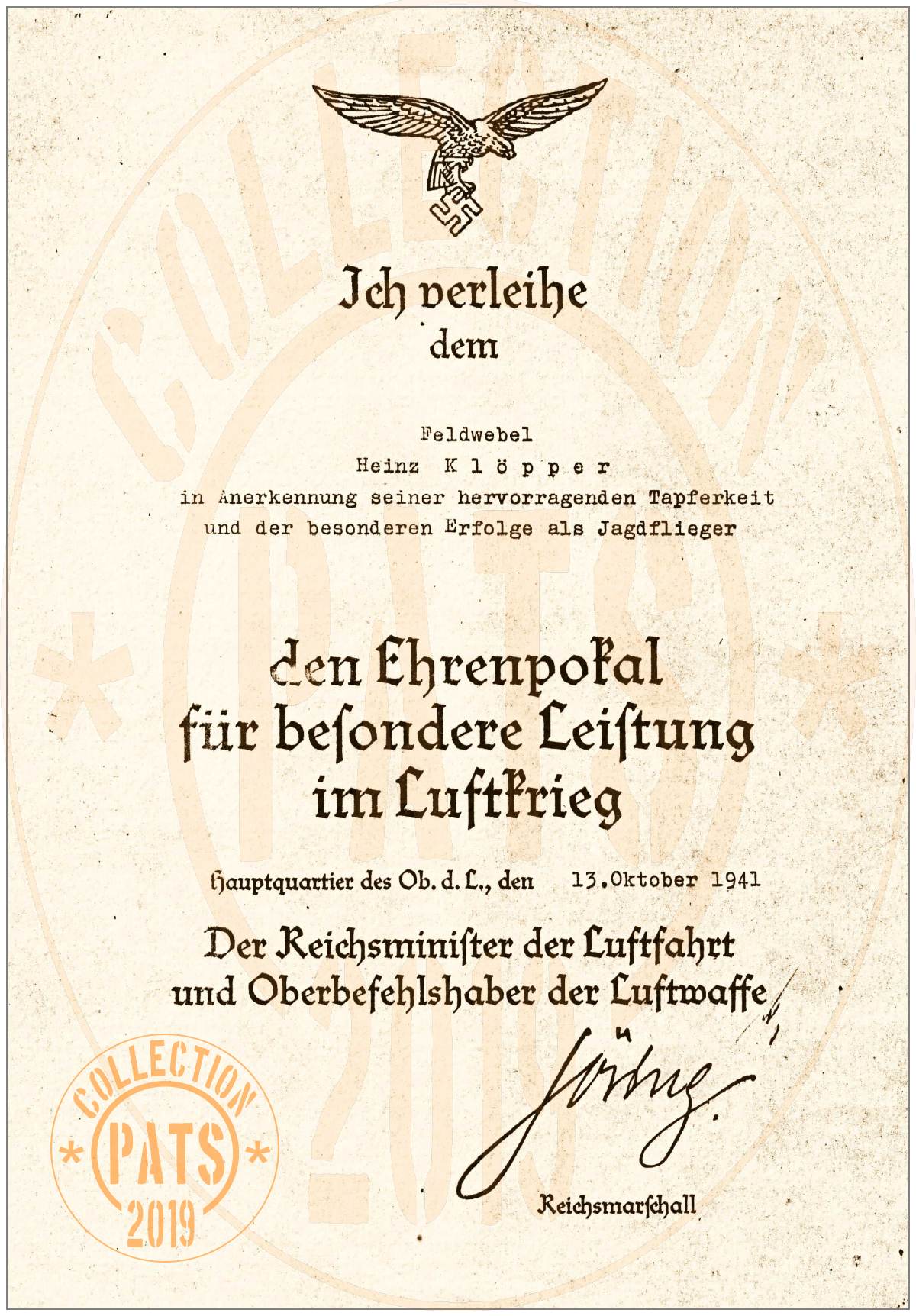 Feldwebel Heinz Kurt Albert Klöpper - Den Ehrenpokal, 13 Okt 1941