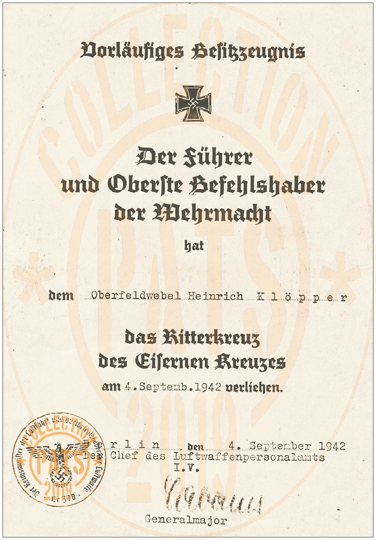 Oberfeldwebel Heinz Kurt Albert Klöpper - Das Ritterkreuz des Eizernen Kreuzes, 4 Sep 1942