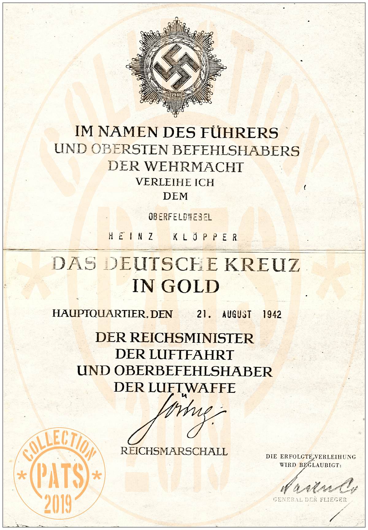 Oberfeldwebel Heinz Klöpper - DAS DEUTSCHE KREUZ IN GOLD, 21 Aug 1942