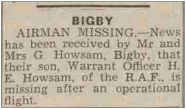Airman Missing - Warrant Officer - Harold Elvin Howsam - RAF