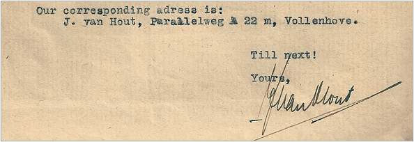 Signature - J. van Hout, Parallelweg A 22 m, Vollenhove - 01 Dec 1945