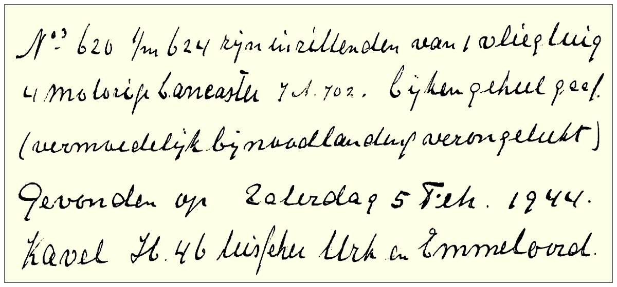 JA702 - Found on Saturday 05 Feb 1944 - Kavel 'old' H-46 tusschen Urk en Emmeloord - 'handwritten' formatted text