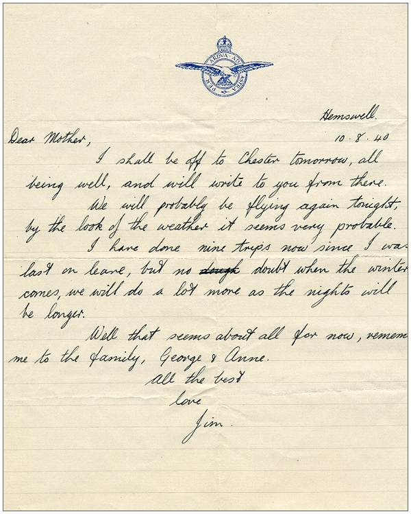 Letter from Jim to his mother - Hemswell, 10 Aug 1940