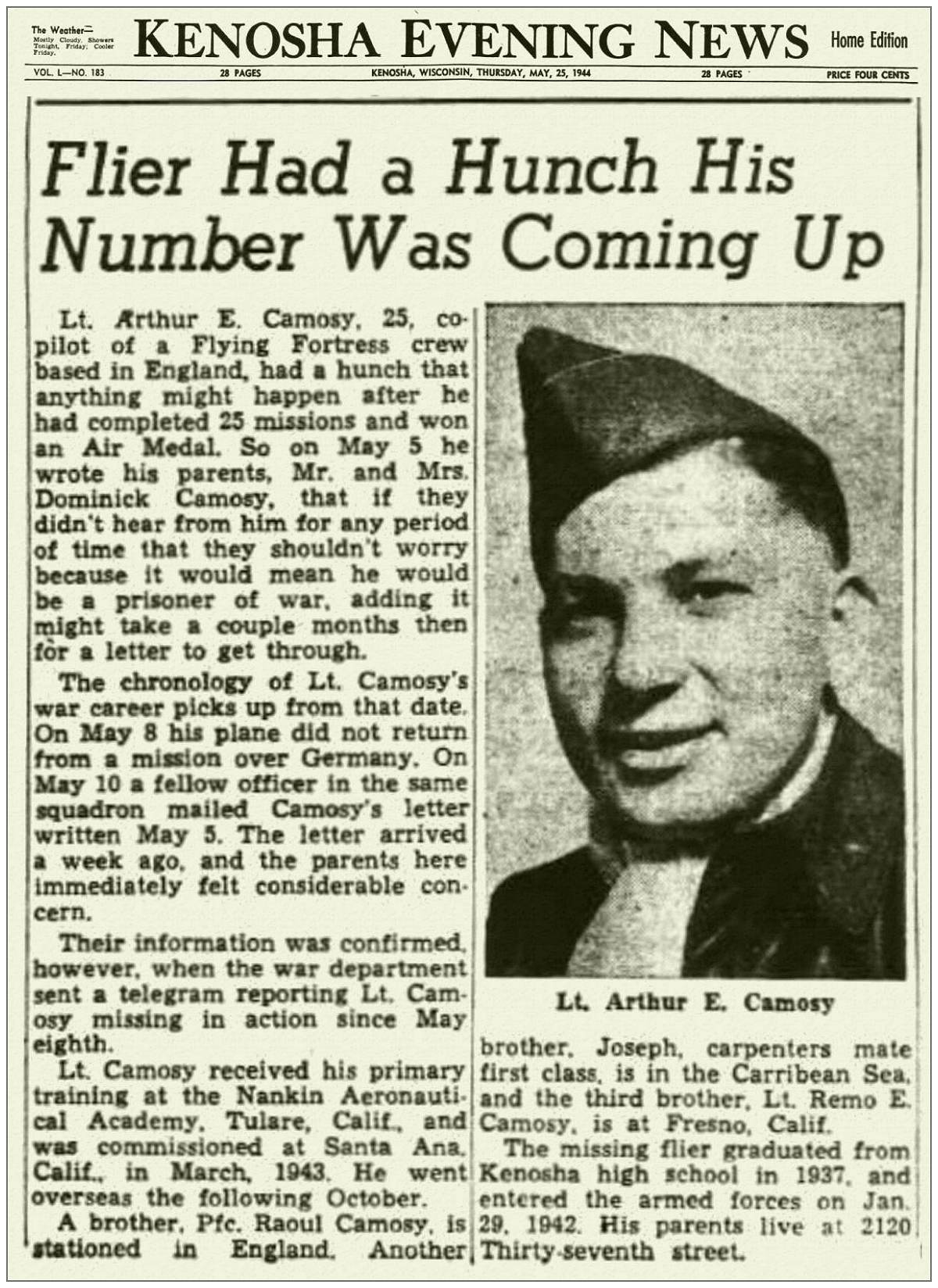 O-736986 - Lt. Arthur E. Camosy - Kenosha Evening News - 25 May 1944