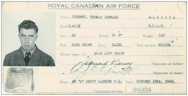 LAC - Thomas Bernard 'Bernie' Tierney - RCAF - ID card 13 Oct 1942