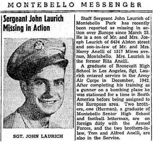reformatted Newsclip - S/Sgt. John J. Laurich - Montebello Messenger - 12 Apr 1944