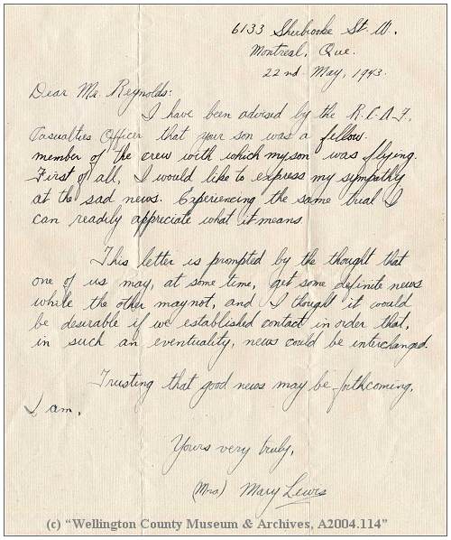Letter Mrs. Mary Lewis to Mr. G. E. Reynolds - 22 May 1943