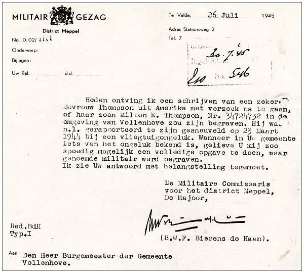 Letter of Militair Gezag to Mayor of Vollenhove - 26 Jul 1945