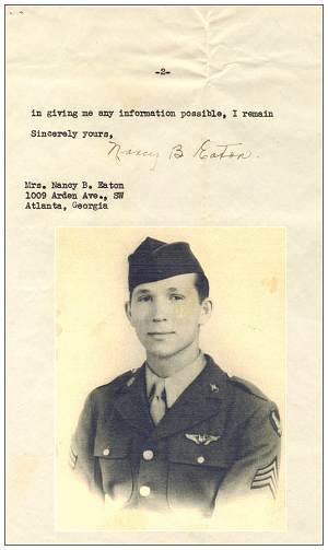 28 Aug 1945 - Letter of Mrs. Nancy B. Eaton - inset photo: Sgt. James Robert Eaton Jr.