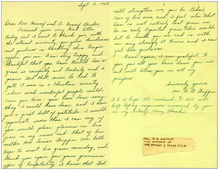 02 Sep 1945 - Letter of Mrs. Don G. Griffin to Rev. Honnef and Mrs. A. Honnef - Bender