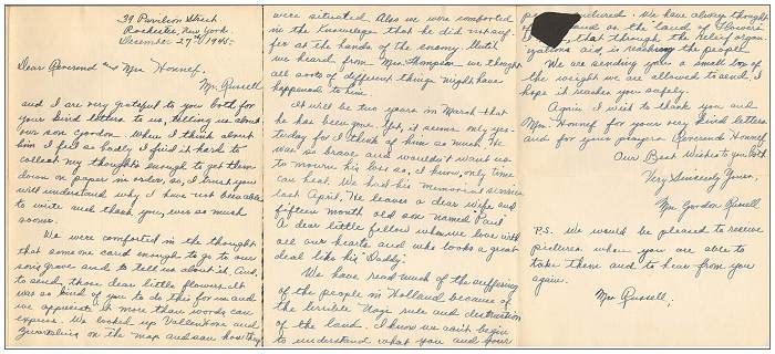 27 Dec 1945 - Letter of Mrs. Gordon Russell Sr. to Rev. Honnef and Mrs. Honnef