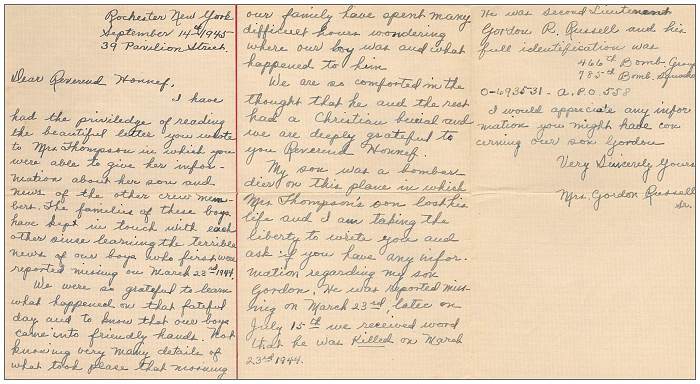 14 Sep 1945 - Letter of Mrs. Gordon Russell Sr. to Rev. Honnef