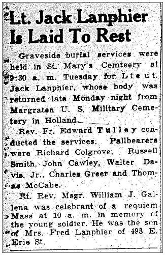 Lt. Lanphier - Laid to rest - Tuesday 22 Feb 1949 - newsclip 24 Feb 1944, PT