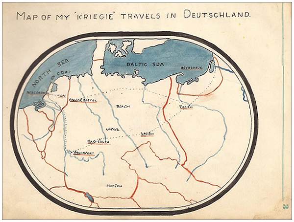 MAP OF MY 'KRIEGIE' TRAVELS IN DEUTSCHLAND - drawn by Sgt. Walter Petch - POW Logbook page 3