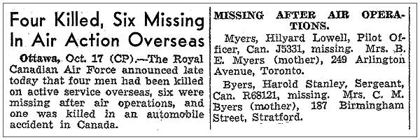 Ottawa: 17 Oct 1941 - Myers and Byers missing