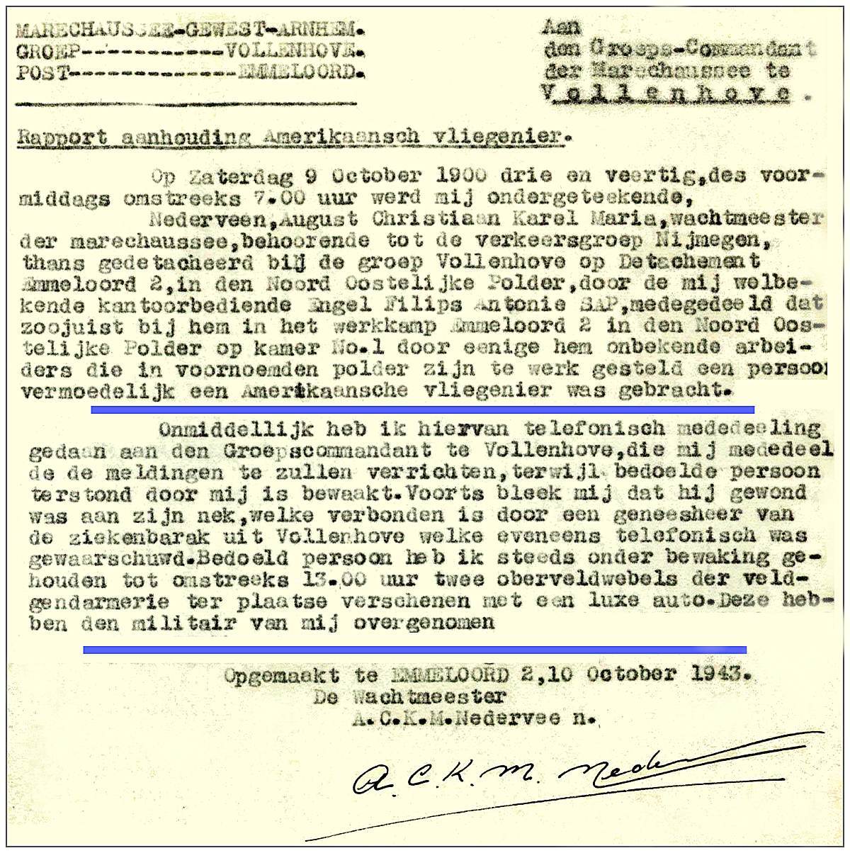 Snippets from police report - Nederveen, Emmeloord 2 - 10 Oct 1943