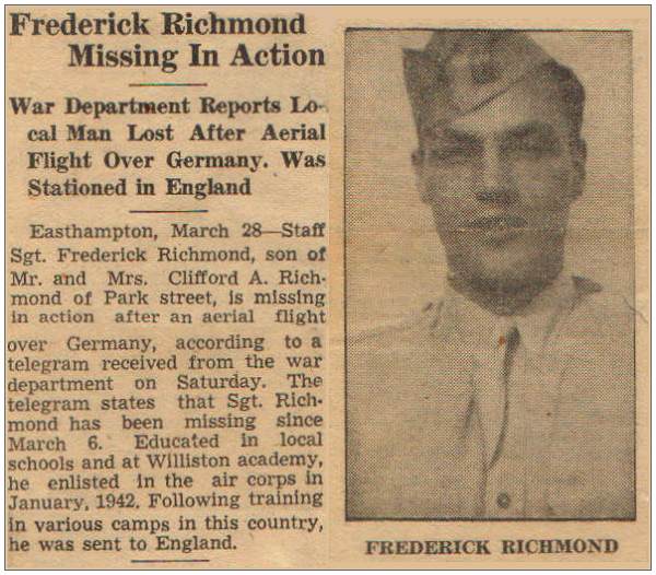 Newsclip - S/Sgt. Frederick V. Richmond - Missing in Action